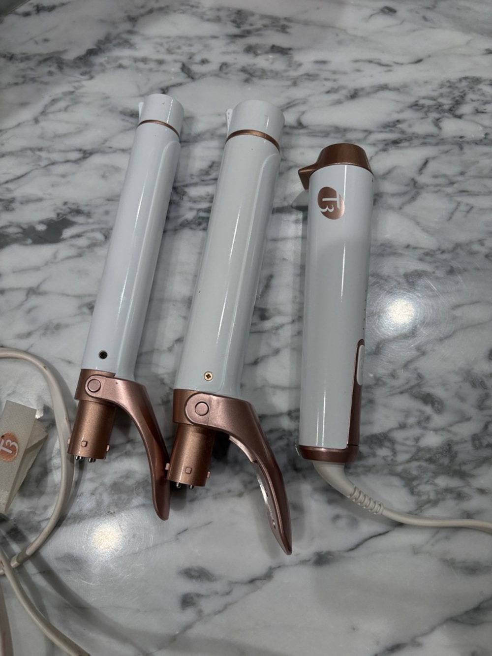 T3 White and Rose Gold Interchangeable Curling Wand Set